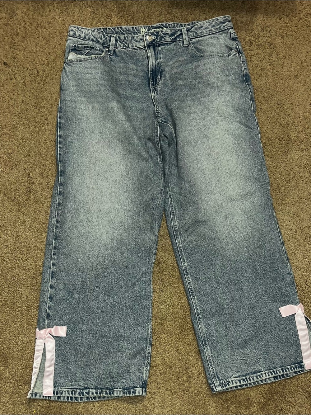 No Boundaries Light Blue Wide-Leg Jeans with Pink Ribbon Details